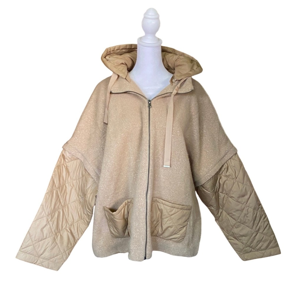 FDJ Quilted Shimmer Hooded Tan Jacket Large Preppy Gorpcore Boho Luxury Femme